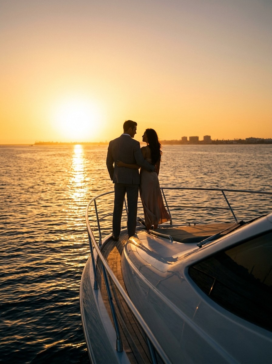 A couple at the bow at sunset