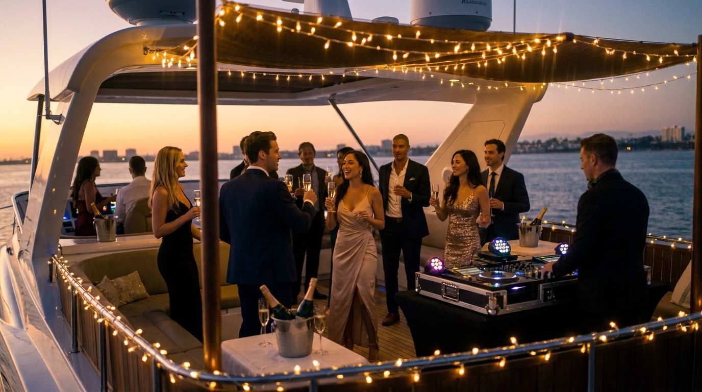 Evening deck party with string lights