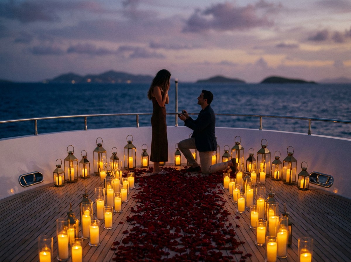 Romantic proposal setup on deck